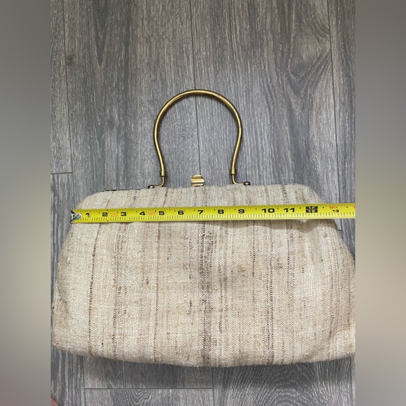 Vintage Tweed Gold Framed Top Handle Tan/Creams Handbag - Picture 12 of 14